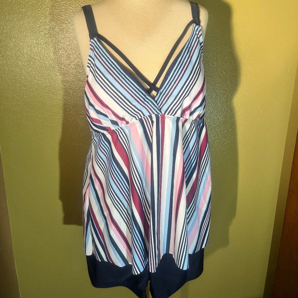 Women 2XL Size Tankini Stripe Printed Tank High Waist 2 Piece Swimsuits with Boy